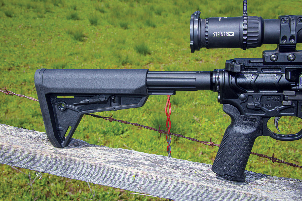 The buttstock and pistol grip are both manufactured by Magpul, including the MOW SL Carbine Stock and MOE K2 Grip. Both aspects offer comfortable shooting.